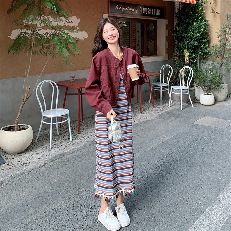 显瘦条纹连衣裙女2025春秋套装安哥拉红外套长裙流苏背心裙两件套,女装套装/套裙,2C305