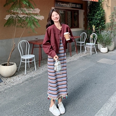 显瘦条纹连衣裙女2025春秋套装安哥拉红外套长裙流苏背心裙两件套，女装套装/套裙，2C305