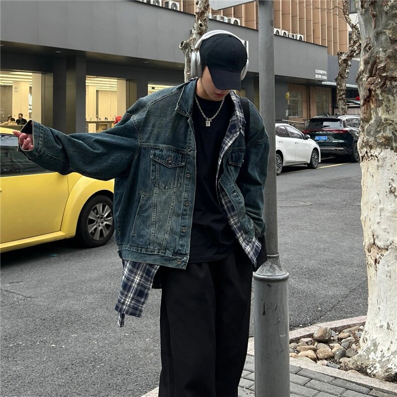 不规则设计感格子拼接牛仔外套男秋季潮牌休闲宽松假两件工装外套图片