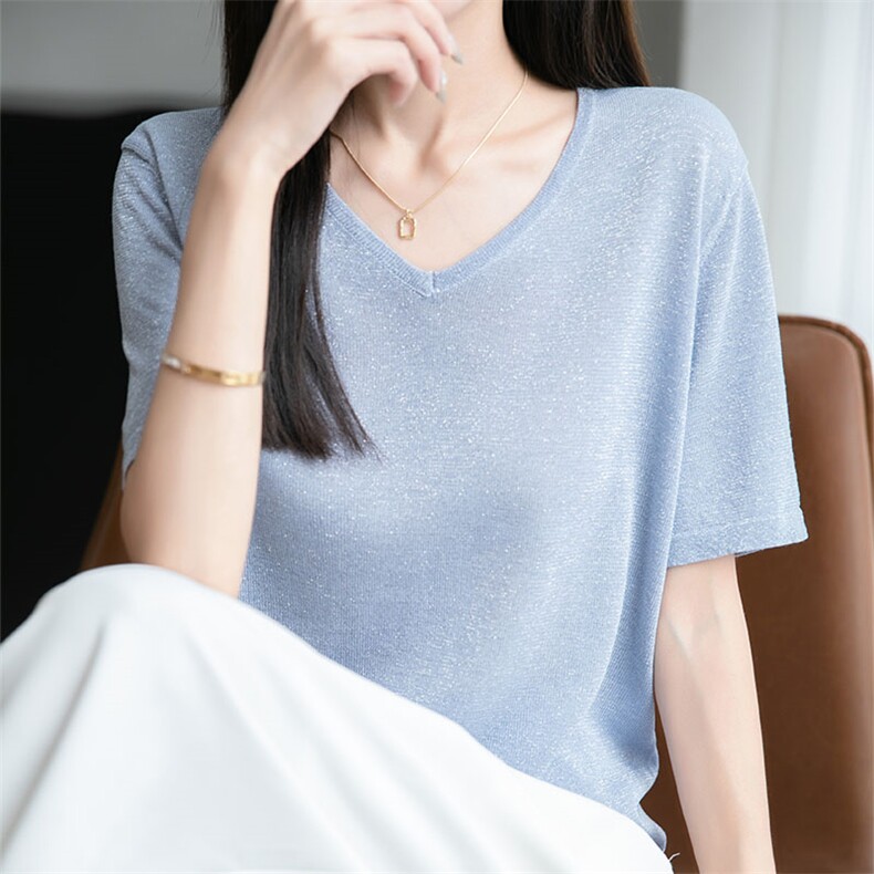 2025春夏秋V领针织短袖T恤女薄体恤冰丝上衣背心五分袖亮丝半袖,女装T恤,萱芳婷羊绒