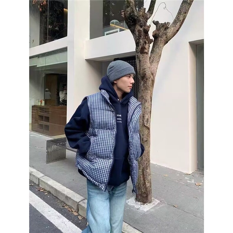 美式复古蓝色格子棉服马甲男款秋冬潮牌叠穿背心外穿立领坎肩马夹,男装棉衣,星座1013-1