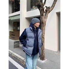 美式复古蓝色格子棉服马甲男款秋冬潮牌叠穿背心外穿立领坎肩马夹，男装棉衣，星座1013-1