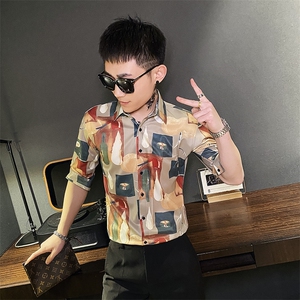 312A-120-P55 新款社会小伙中袖衬衫韩版潮流男士五分袖衬衣A图片