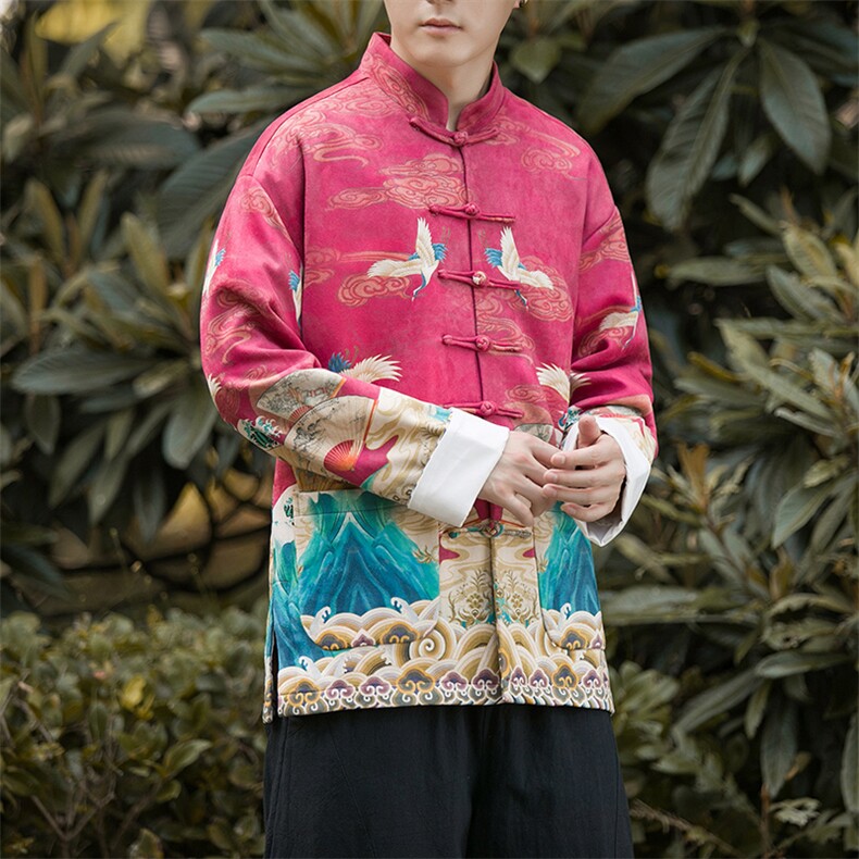 秋冬加厚风盘扣改良潮鹿皮绒数码印花唐装外套男女款JK96,男装民族服装,星座305A（原312A-1）