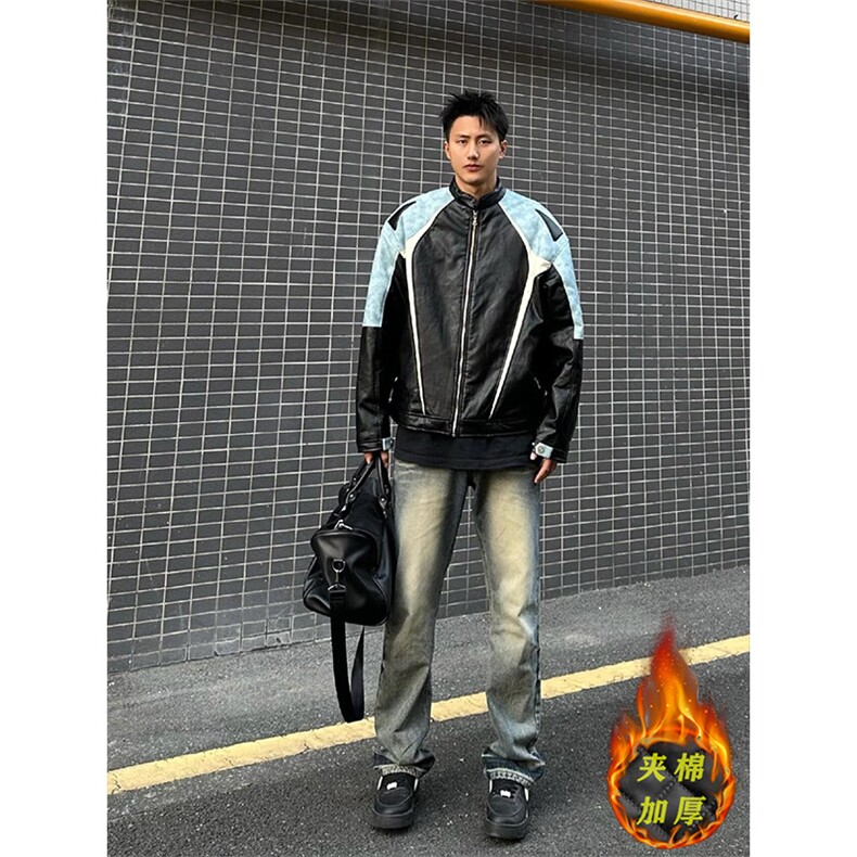 【有货】3607CC-特P85 拼色机车皮衣棉服男加厚立领棒球夹克外套图片
