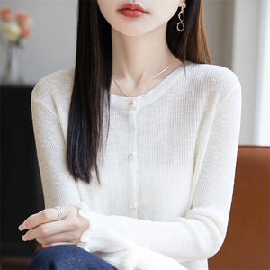夏季圆领冰丝木耳边针织开衫女外套纯色长袖空调防晒衫外穿宽松薄图片