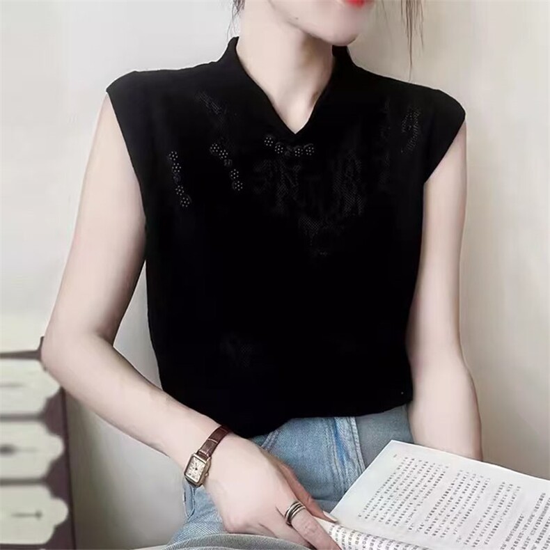 2025春夏新款新中式国风盘扣蕾丝拼接针织衫女修身显瘦打底上衣,女装T恤,萱芳婷羊绒