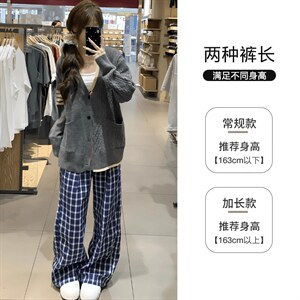 美式高街潮牌男女泡泡格子休闲裤直筒宽松慵懒显瘦阔腿休闲长裤子图片