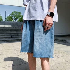 夏季港风复古牛仔短裤男薄款毛边宽松百搭休闲直筒五分裤，男装牛仔裤，星座410-7