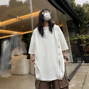 T025-P44美式潮流中长款拉链设计感五分袖短袖图片