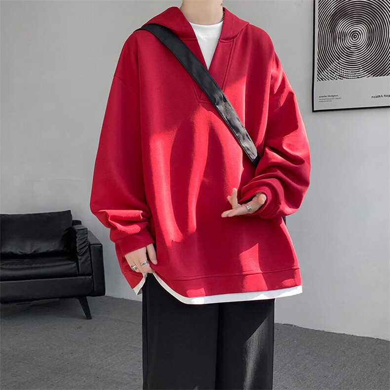 8XL-M叠穿假两件卫衣重磅连帽V领拼接套头衫宽松大码外套WY006P65,男装卫衣,电商B312