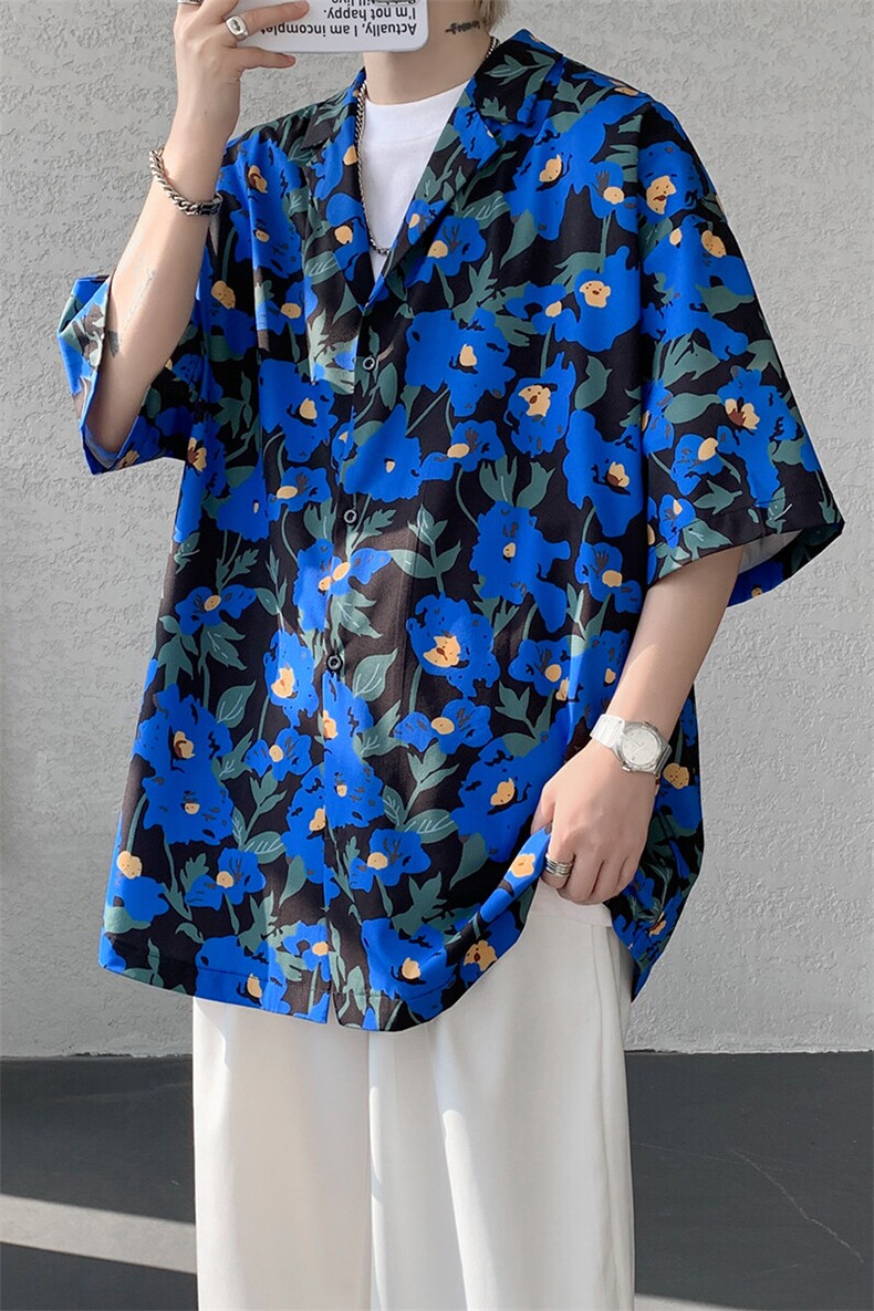 8XL-M冰丝凉感衬衣垂感透气复古花纹宽松男五分袖短袖衬衫CS526,男装T恤,电商D206-1