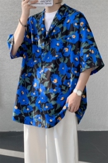 8XL-M冰丝凉感衬衣垂感透气复古花纹宽松男五分袖短袖衬衫CS526，男装T恤，电商D206-1