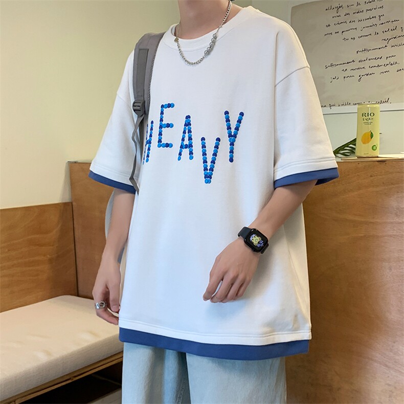 新款夏季短袖珠地面料宽松刺绣印花假两件男士T恤ZDY3416-P49,男装T恤,星座717