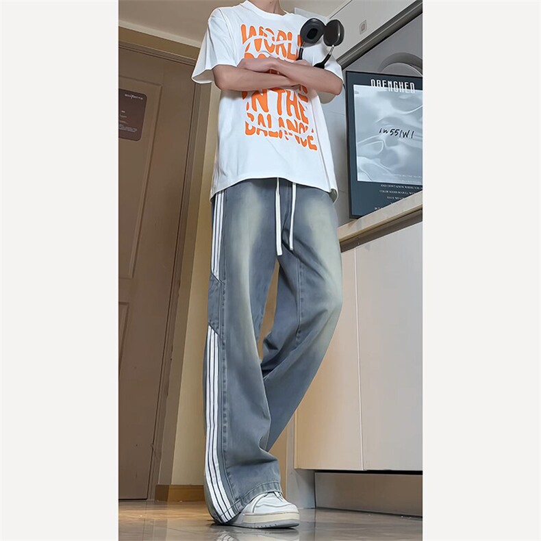 A1218TP48控78-夏季新款2025美式条纹牛仔裤男直筒百搭休闲裤子,男装休闲裤,电商B241