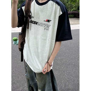 抖音得物高品质二开240克宽松纯棉美式潮牌插肩袖拼接短袖T恤图片