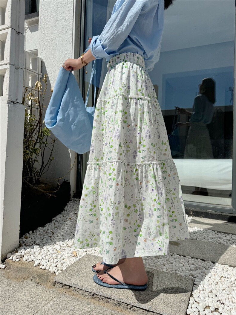韩系法式设计感碎花茶歇高腰半身裙女A字大摆温柔风长裙,女装半身裙,湘姗