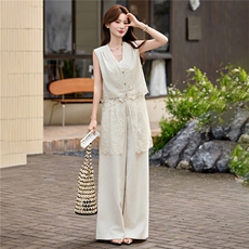 轻熟风气质套装女2026夏季重工刺绣马甲上衣拼接蕾丝阔腿裤两件套，女装套装/套裙，伊仟回