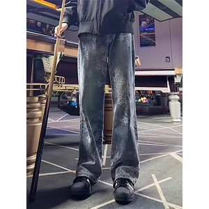 美式高街vibe提花牛仔裤男秋季潮牌水洗直筒休闲裤宽松痞帅微喇裤图片