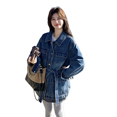 复古工装风翻领绑带蓝色牛仔外套女2026春季新款宽松显瘦气质上衣，女装短外套，2C159