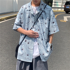ins趣味五分袖衬衫男港风2021宽松嘻哈青蛙印花上衣衬衣W984-P30，男装夹克，星座512-2
