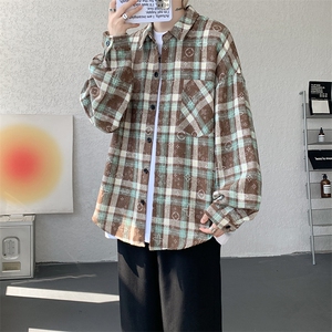 衬衫男秋季新款港风宽松大码格子扎染长袖衬衣CS507-P35图片