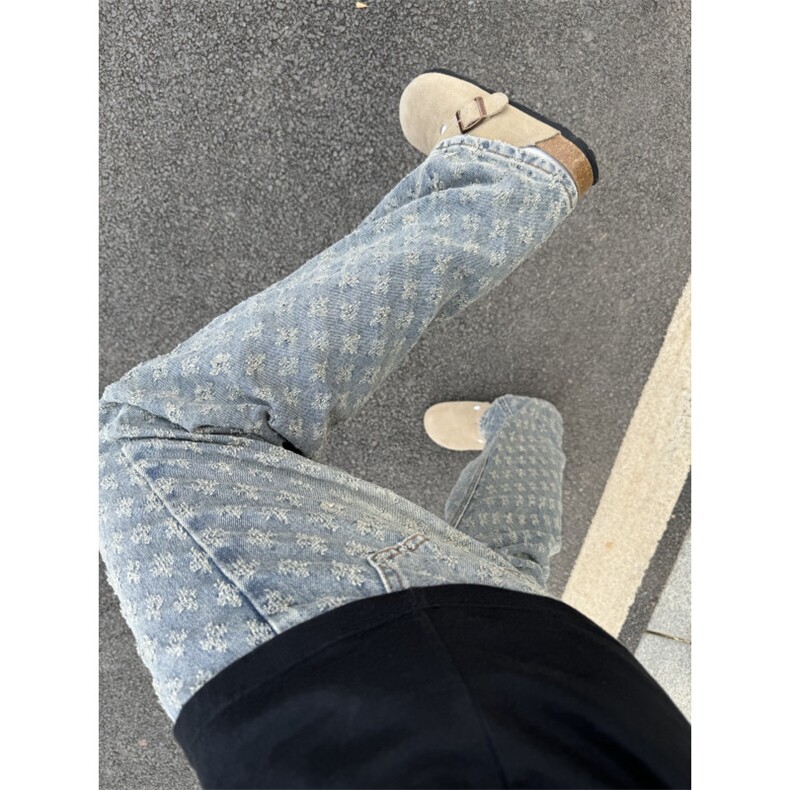 提花满印牛仔裤男夏季美式高街vibe裤子高个子修身显瘦直筒微喇裤,男装牛仔裤,星座1007（原301D）