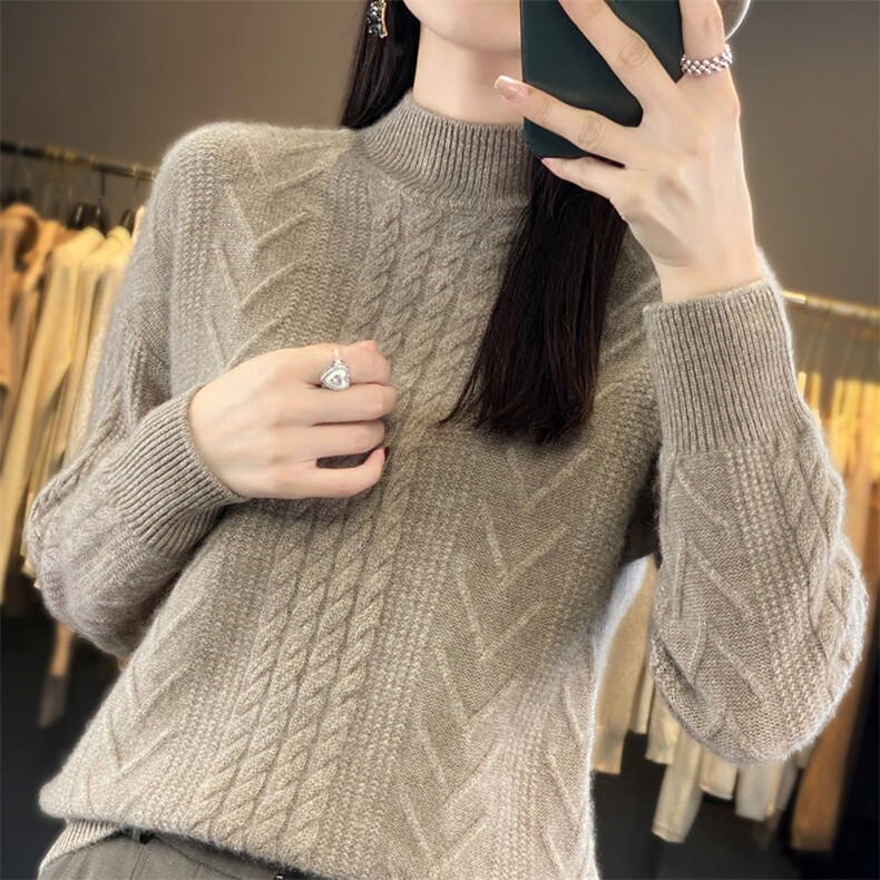 秋冬新款100%纯羊毛衫女半高领扭花加厚毛衣宽松羊绒衫针织打底衫,女装羊毛衫,琳华羊绒