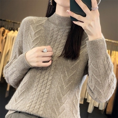 秋冬新款100%纯羊毛衫女半高领扭花加厚毛衣宽松羊绒衫针织打底衫，女装羊毛衫，琳华羊绒