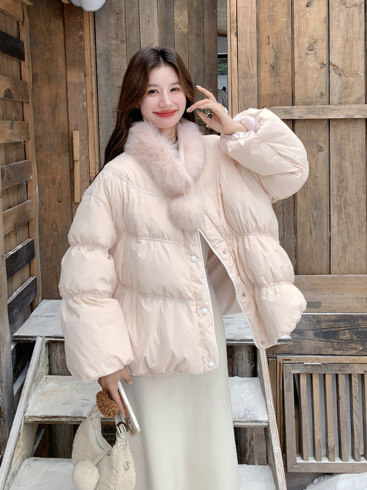 新款现！真狐狸毛保暖粉色羽绒服外套2C133-6003-P280-K408,女装羽绒服,2C133