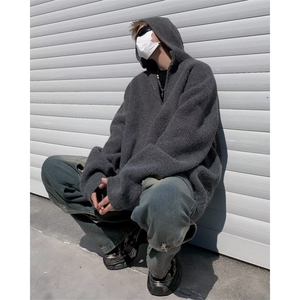 复古小众半拉链连帽毛衣男韩版纯色oversize秋冬针织衫外套-M0029图片