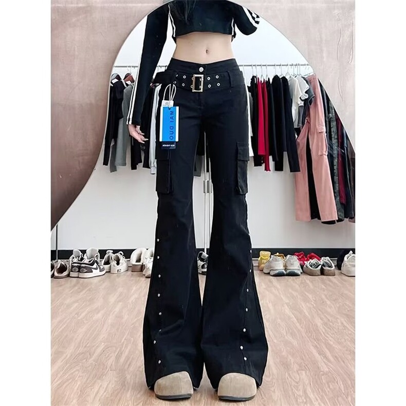 美式复古铆钉装饰直筒微喇叭休闲裤女拖地牛仔裤K71316-P52网络图图片