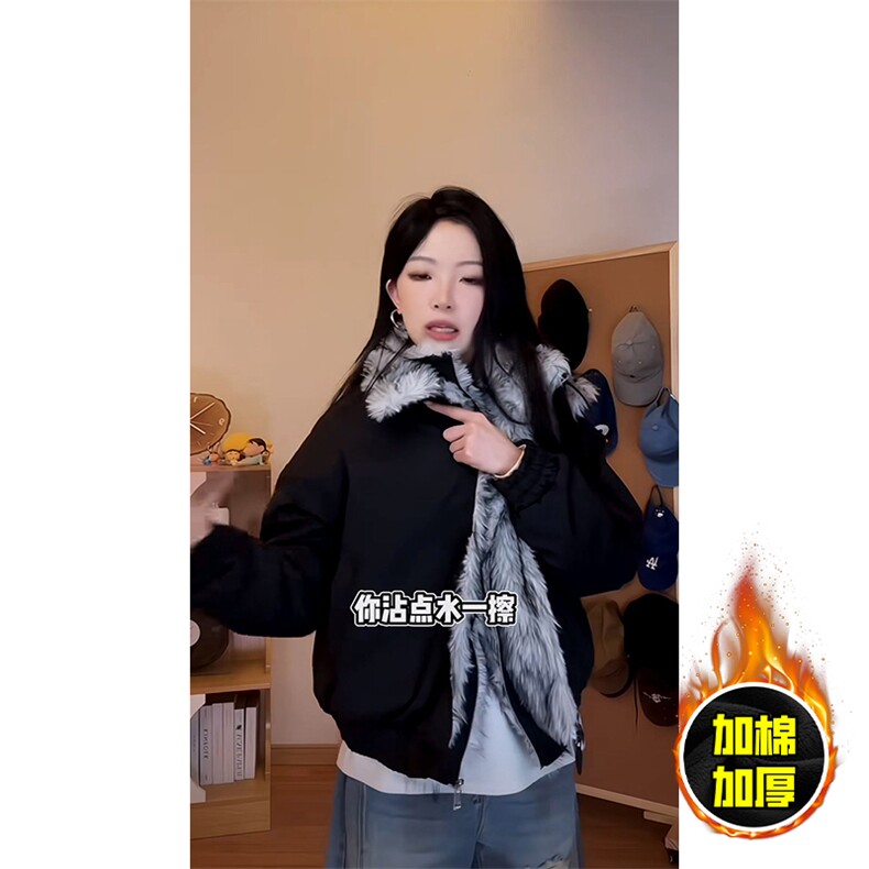 现货高品质美式高街重磅狼王座山雕毛毛领假两件棉衣加厚棉服外套,男装棉衣,电商A443