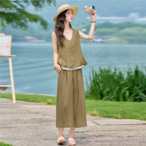 2026年夏季天丝亚麻老钱风马甲加阔腿裤两件套套装图片