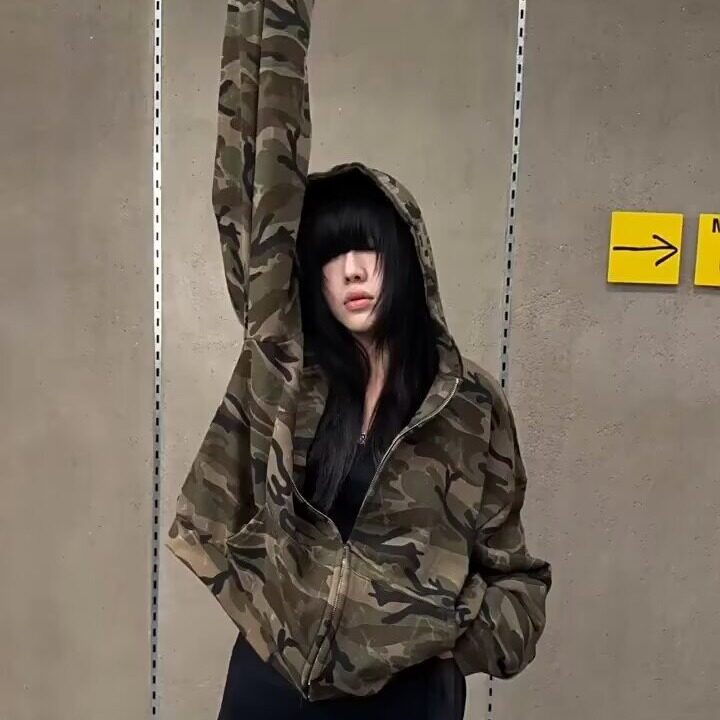 迷彩连帽短款卫衣女2025秋冬加绒宽松甜酷风外套潮JKS451,女装短外套,星座516A