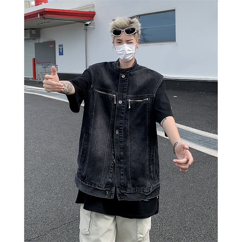 水洗做旧风拉链牛仔马甲男秋季美式潮牌复古高街宽松休闲夹克外套,男装夹克,星座410-7