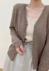 新款六边菱形镂空针织开衫女V领长袖宽松显瘦百搭毛衣外套，女装羊毛衫，千御纺羊绒