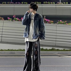 JK8936-P69美式复古水洗做旧拉链口袋牛仔外套男女潮流痞帅，男装工装外套，电商B323A