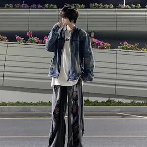 JK8936-P69 美式复古水洗做旧拉链口袋牛仔外套男女潮流痞帅图片