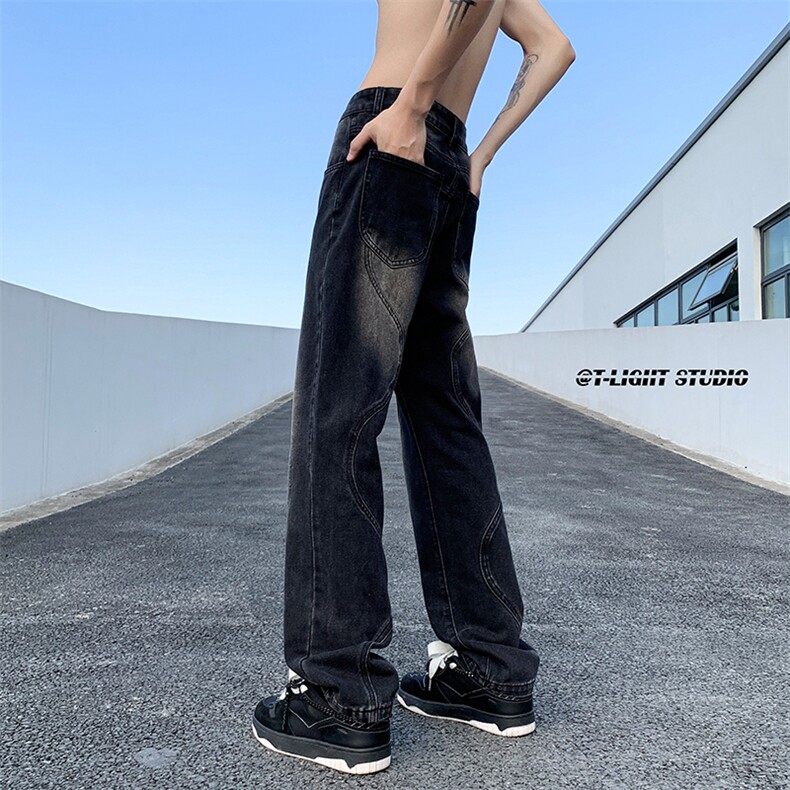 B221美式ins高街暗黑小众泥黄色休闲直筒牛仔裤LK23026-P60控78,男装牛仔裤,电商B221