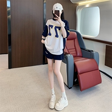 设计感字母印花短袖阔腿短裤两件套女夏季，女装套装/套裙，江南