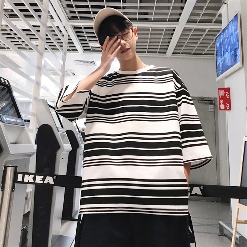 条纹飘带七分袖T恤男夏韩版百搭宽松显瘦休闲上衣404-2-T,男装T恤,星座409(原A307）