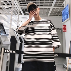 条纹飘带七分袖T恤男夏韩版百搭宽松显瘦休闲上衣404-2-T，男装T恤，星座409(原A307）