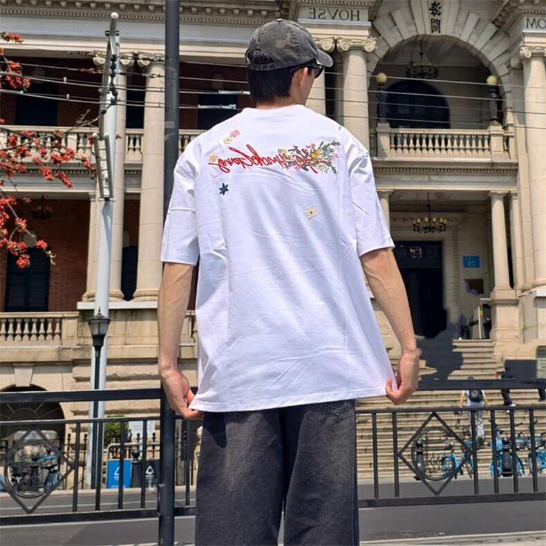 万针全刺绣工艺抖音得物高品质260克重磅纯棉双纱美式高街短袖T恤,男装T恤,电商A486-1
