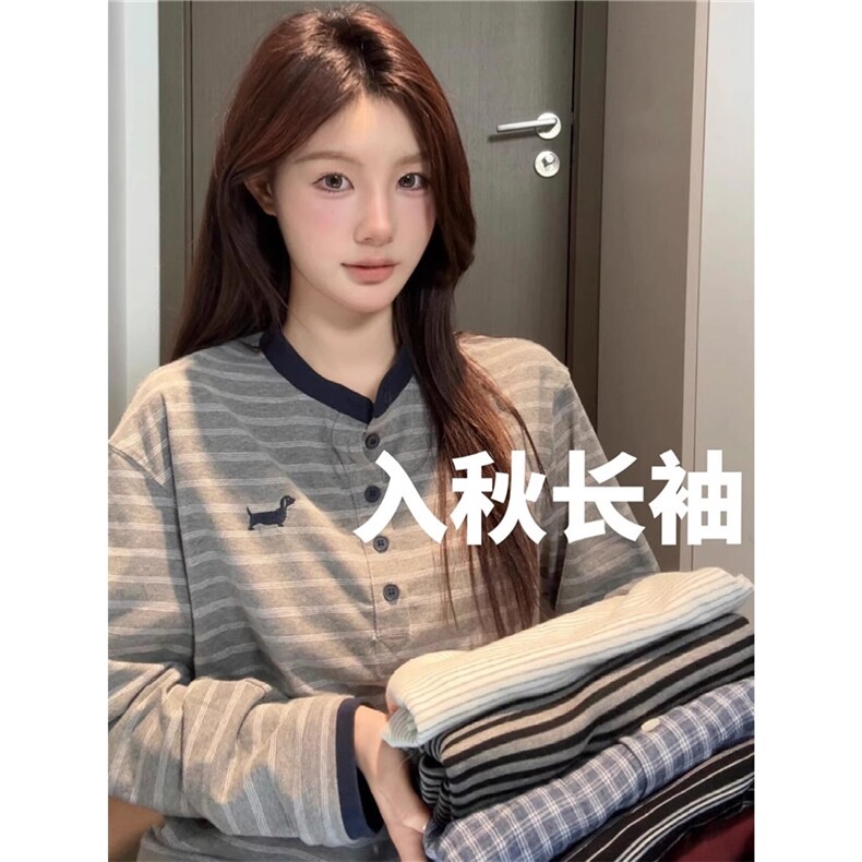 新款亨利领条纹长袖秋季潮流美式复古宽松男女t恤上衣L31588-p45,男装T恤,星座1008