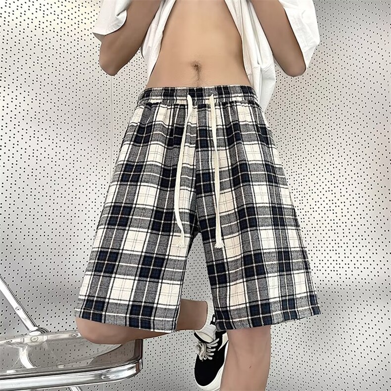 日系复古百搭休闲五分裤格子短裤男士夏季新款阔腿裤子K57-P30,男装休闲裤,星座1109-3