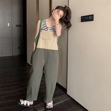 新品现货拼色复古工装绿色学院风背带裤2C075-127-P105K158，女装休闲裤，菡迪欧娜