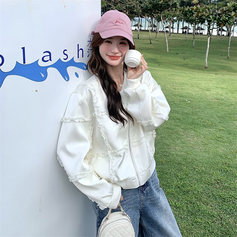 米白色设计感木耳边拼接棒球服女2025早春新款小个子休闲减龄外套,女装短外套,维壹