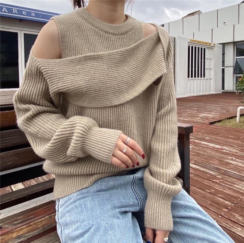 新款不规则设计感毛衣三个色，女装针织衫/毛衣，SMOOTH