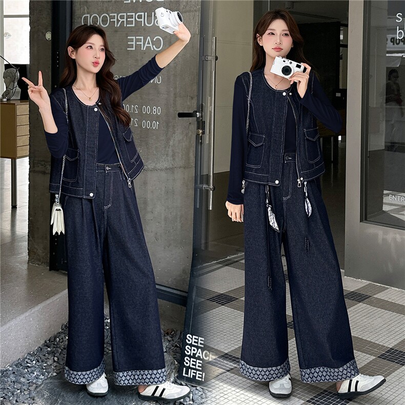 复古牛仔套装女2025秋季新款短袖马甲上衣阔腿长裤套装图片